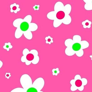 White, bright pink, and green ditsy daisies on bright pink, girl power - large print