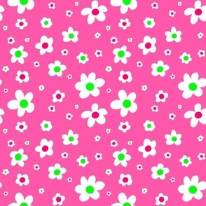 White,  bright pink, and green ditsy daisies on bright pink, girl power - medium print