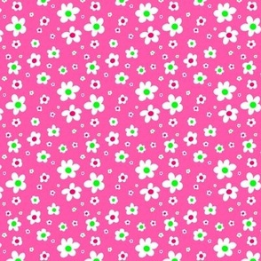 White,  bright pink,  and green ditsy daisies on bright pink, girl power - small print