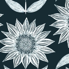 Botanica_Deep Indigo Blue_Hand Drawn Detailed Sunflower