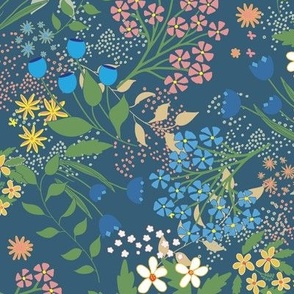 Beautiful Floral Scatter on Dark Teal Blue 24”