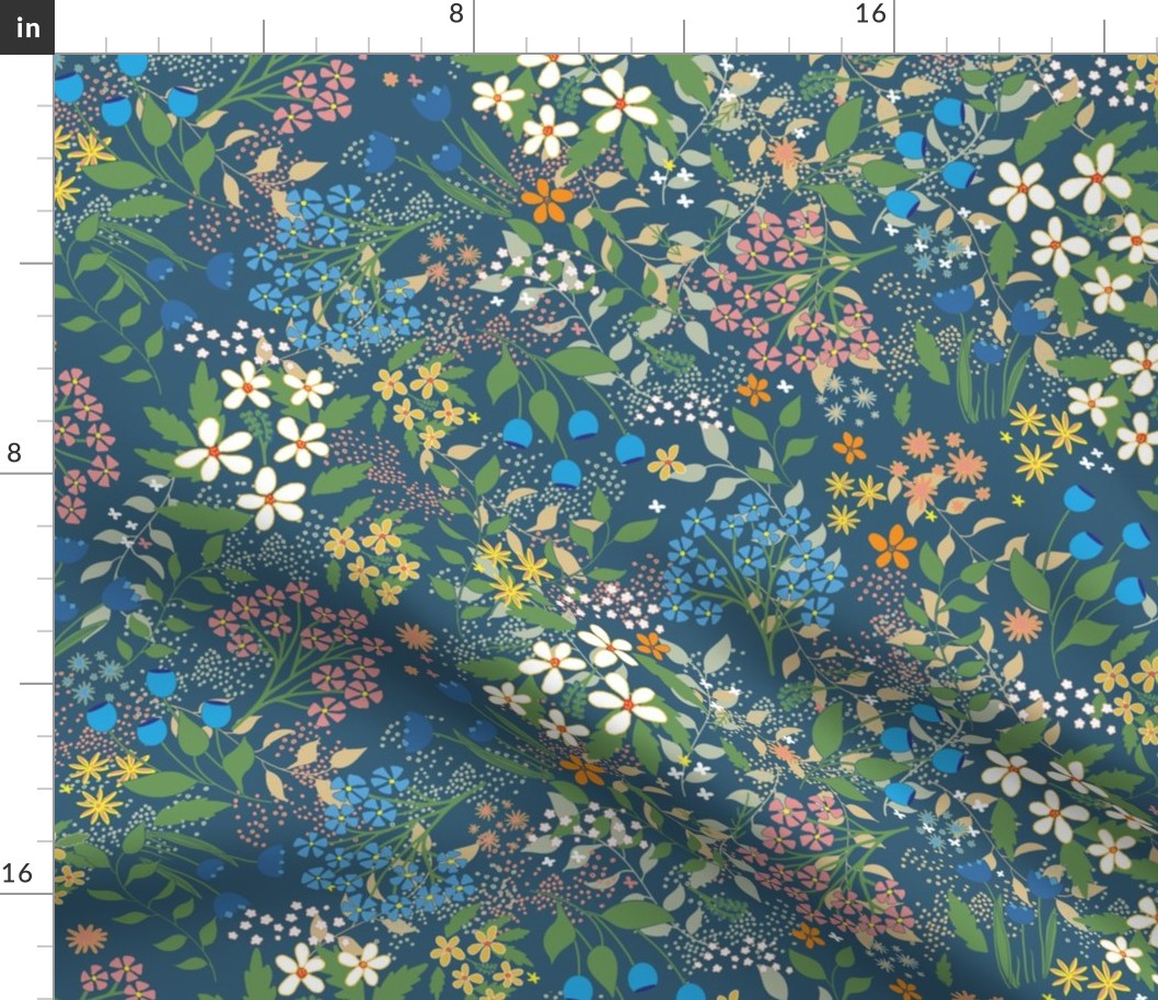 Beautiful Floral Scatter on Dark Teal Blue 24”