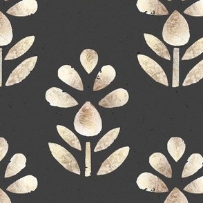 Medium Gold flowers on charcoal grey / block print