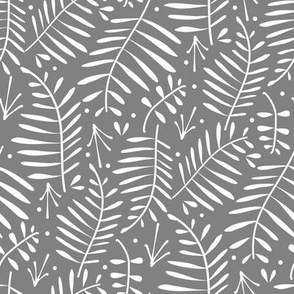 Modern Leaves (M) Palm Fronds Ferns Smoky Gray and White 