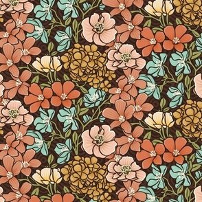 Stylish and graceful "Floral Stroll" layered floral pattern features apple blossom on apple tree branch suitable for decor or accessories as well as quilting by Delores Naskrent of Deloresart. The colors are beautiful with peachy coral and soft turquoise/