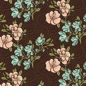 Elegant and detail-rich layered  "Floral Stroll" pattern features apple blossom on apple tree branch suitable for decor or accessories as well as quilting by Delores Naskrent of Deloresart. The colors are beautiful with a pink, coral, soft turquoise/teal 