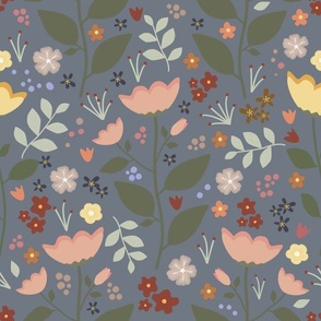 Large Summer Floral Garden in Nature, Pink and Yellow Roses, Large Scale on Smokey Blue