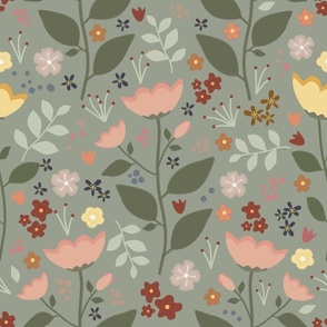 Large Summer Floral Garden in Nature, Pink and Yellow Roses, Large Scale on Sage Green 