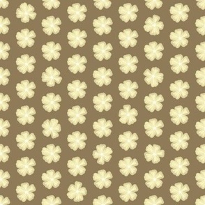 Simple Yellow Floral Shapes, Small Summer Yellow Daisies, Simple Flowers in Geometric Pattern on Dark Brown Background