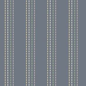 Cross Stitch Vertical Lines on Sage Green, Small Colorful Dash Lines in Dark Blue Background, Large Scale