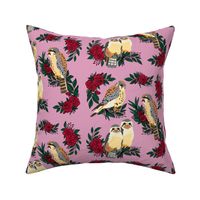 Boho-Chic Wallpaper Falconet Birds in a Garden of Red Roses with Magenta and Pink Background