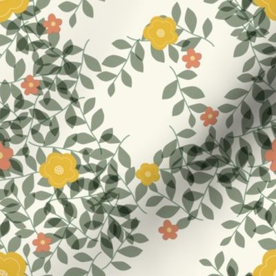 Floral Vertical Trailing Vines with Yellow and Orange Tropical Flowers on Light Background, Large Scale