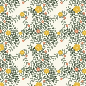 Floral Vertical Trailing Vines with Yellow and Orange Tropical Flowers on Light Background, Large Scale