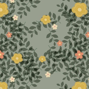 Floral Vertical Trailing Vines with Yellow and Orange Tropical Flowers on Dark Background, Large Scale
