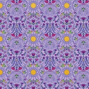 Hummingbird and Flowers Symmetrical Folk Art - Purple