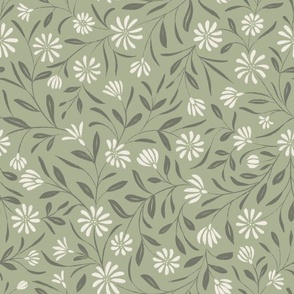 Flowy Textured Floral _ Creamy White_ Light Sage Green_ Limed Ash _ Pretty Flowers