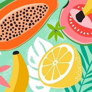 Tasty Tropics - Hand Drawn No AI - Summer Tropical Fruits Aqua Large
