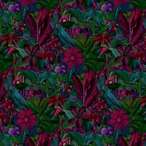 Tropical Serenade Opulent Jungle Flora With Tropical Birds Burgundy Teal Smaller Scale