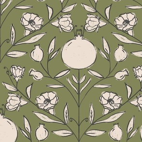 Modern Pomegranate Plants: A Contemporary Block Printing Pattern II  Medium Scale - Nature and Fruit Inspired