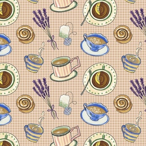 Coffee and Tea Icons French Country on Tan Gingham