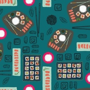 Contemporary Sushi Fusion Pattern on Deep Teal