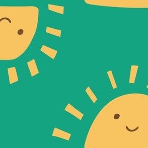 Large - Sunshine with Smiley Face - Green and Golden Yellow - Boy Fabric
