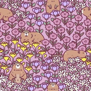 Groundhogs in buttercup meadow in rust pink, medium scale 