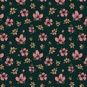 Sketchy Tossed Flowers in Rose Pink and Golden Yellow on Deep Emerald Green Ditsy Small Scale