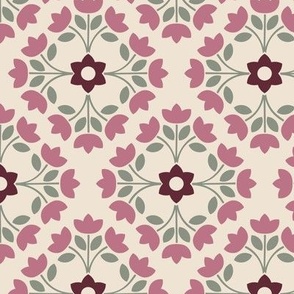 Tulip Motif | Merlot Red, Lilac Purple and Green | Geometric Floral