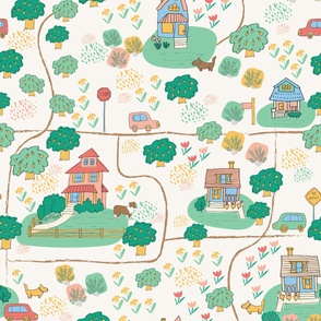 Large - Neighborhood Walk - Daylight - Map - Ivory - Kelly Green - Wallpaper - Large Scale 