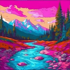 Mountain River Landscape - Pop Art 6