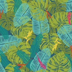 Vibrant Jungle Oasis: Tropical Leaf Extravaganza - Exquisite Home Decor and Fashion Textile Design