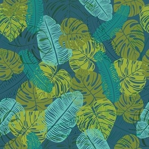 Midnight Garden Lush Tropical Leaves in Moonlit Hues - Contemporary Design for Apparel & Home Decor