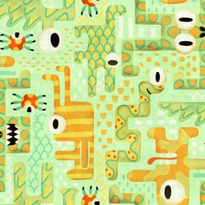 Funny monster friends, otherworldly and whimsical  in green and orange