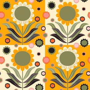 Scandinavian Flowers - Retro colors on yellow and white - Large