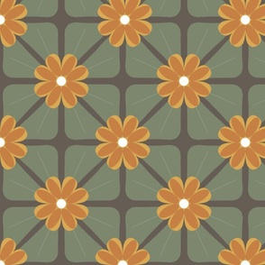 Retro Inspired Tile Floral, Orange and Yellow Flowers, Large Green Leaves, 1960’s Home Decor, 1970’s Inspired, Earth Tone Wall Paper, Non Directional Design