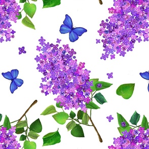 Lilac flowers and blue butterflies 