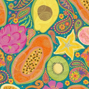 Paisley Tropical Fruit Teal - Hand Drawn No AI