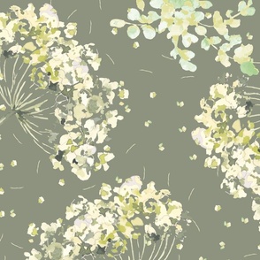 Large Scale | Ethereal Queen's Anne Lace Flowers | Whimsical flowers on olive green background