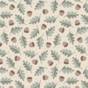 Acorn and Oak Leaf | Green and Brown on Cream | Small Scale