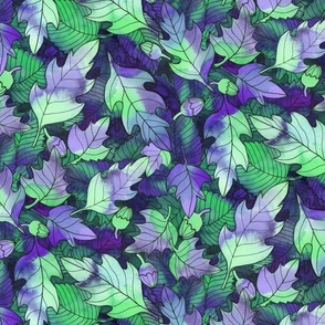 medium - Forest ground at night - colorful leaves and acorns in emerald green and purple