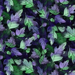 medium - Forest ground at night - colorful leaves and acorns in green and purple - moody version