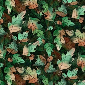 medium - Forest ground at night - colorful leaves and acorns in army green and khaki - moody version