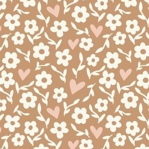 small camel brown and white simple flowers and hearts
