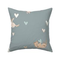 Playful Valentines Day Kittens in muted blue, pink, tan and white
