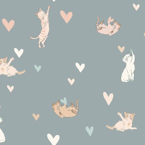 Playful Valentines Day Kittens in muted blue, pink, tan and white