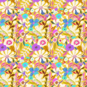 small abstract painterly flowers yellow and pink blue