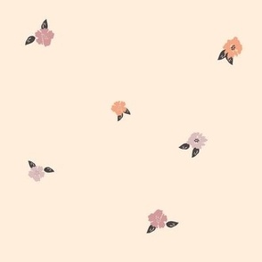 Small Ditsy scattered hand painted florals in lilac violet and apricot on a peach background