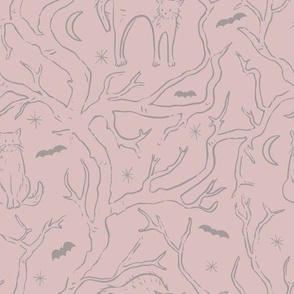 Large Hand drawn line drawing spooky kitties, bats and branches halloween pattern in plum and mauve
