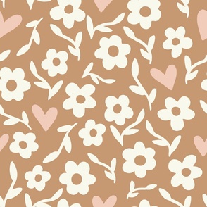 large camel brown and white simple flowers and hearts